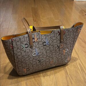 Calvin Klein Multicolor CK-Embroidered Brown Tote with Yellow Interior